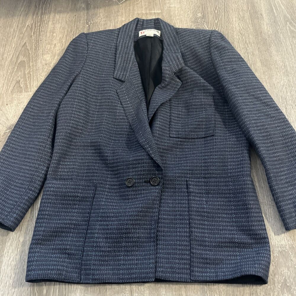 Vintage 80s Peabody House Herringbone Tweed Blazer Jacket Gray Black Womens 5/6